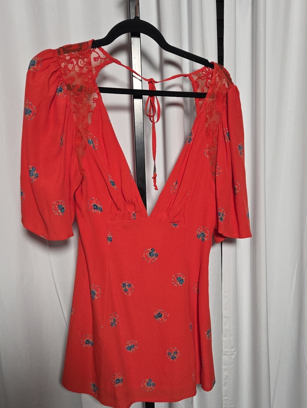 Free People Coral Red Floral Lace-Trim V-Neck Mini Dress